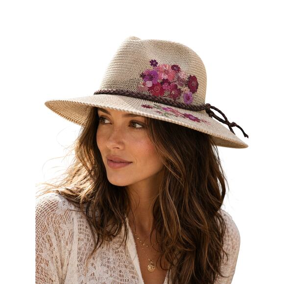 Flower & Flame woven straw hat hand-painted floral artwork with braided trim OS main image 5